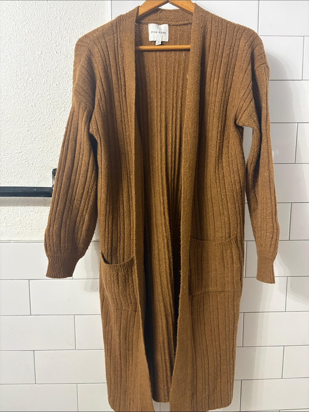 Pink Rose Ribbed Open-Front Long Cardigan - Chestnut Brown